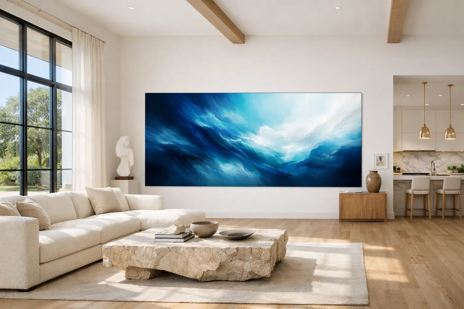 Living room with an LED Video Wall showing abstract art