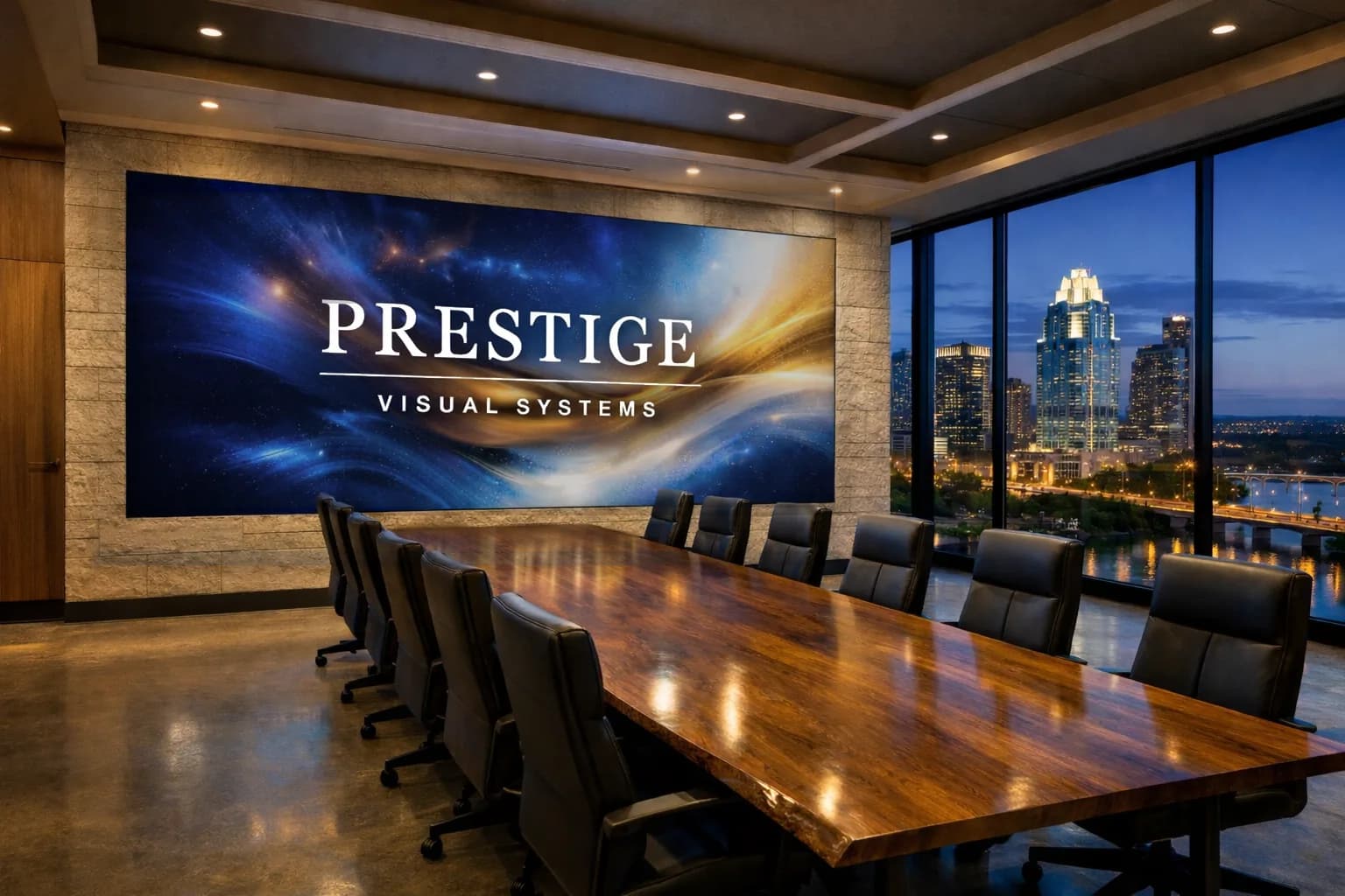 Boardroom with an LED Video Wall and a view of downtown Austin