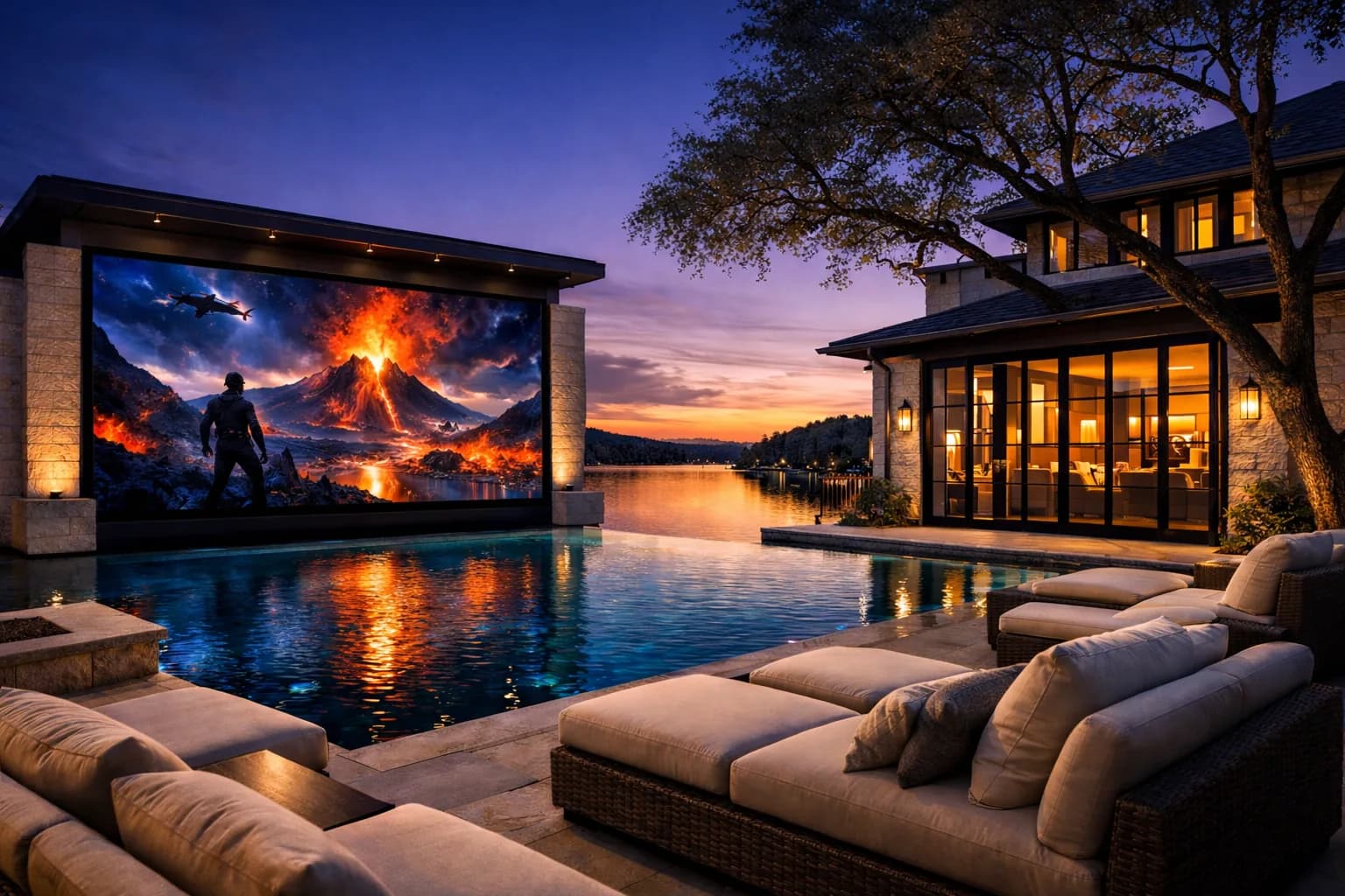 Outdoor LED Video Wall beside a pool at dusk