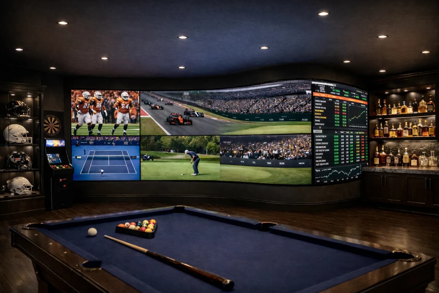 Game room with a wide LED Video Wall above a pool table, showing several games at once